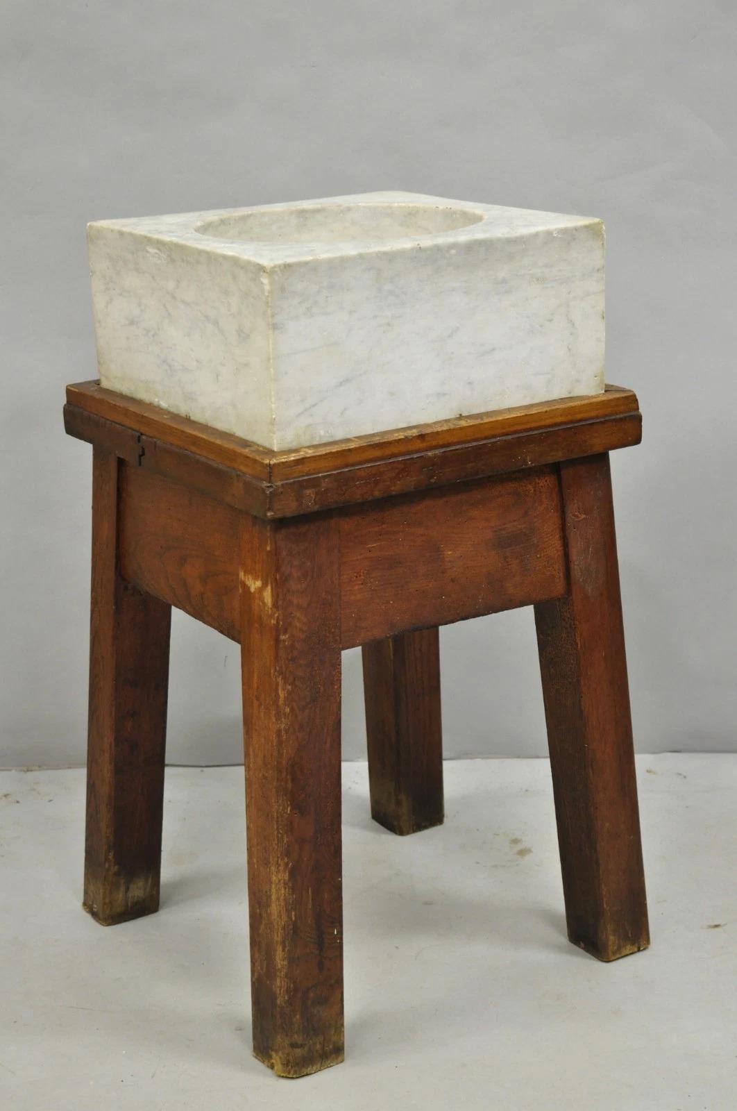 Antique French Country Primitive Carved Marble Mortar and Pestle on Wood Base In Good Condition For Sale In Philadelphia, PA