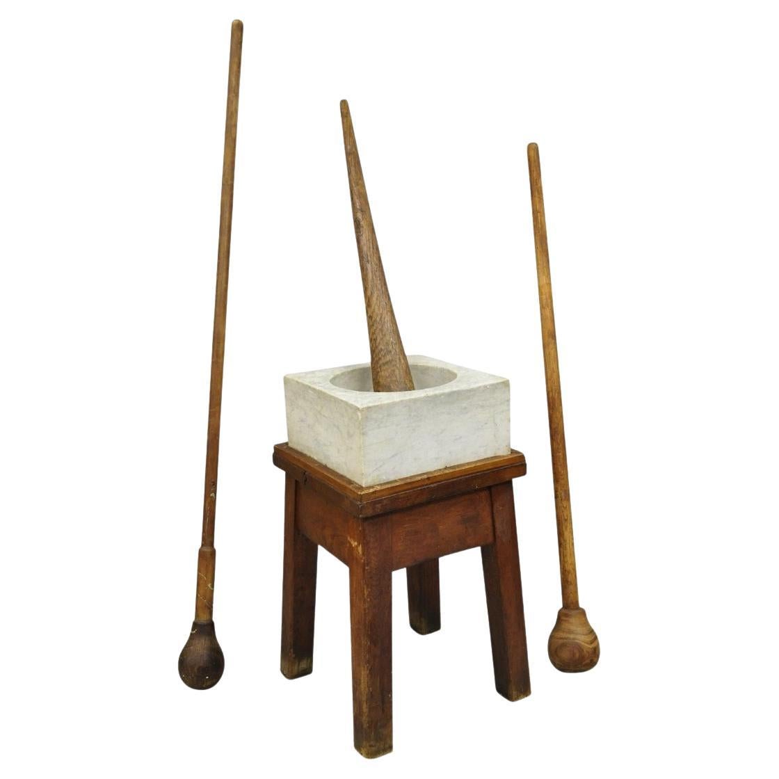 Antique French Country Primitive Carved Marble Mortar and Pestle on Wood Base For Sale