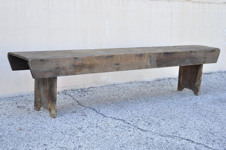 Antique French Country Primitive Distressed Wood Plank Bench For Sale 6