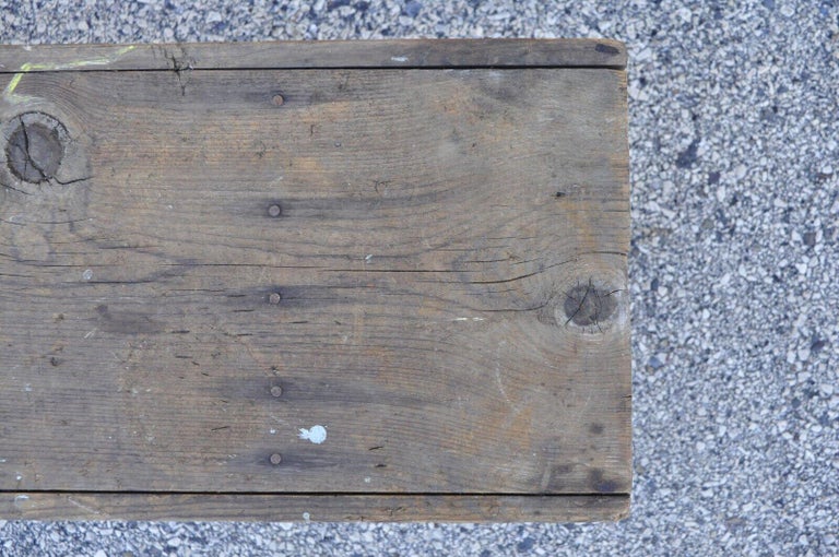 Antique French Country Primitive Distressed Wood Plank Bench For Sale 3