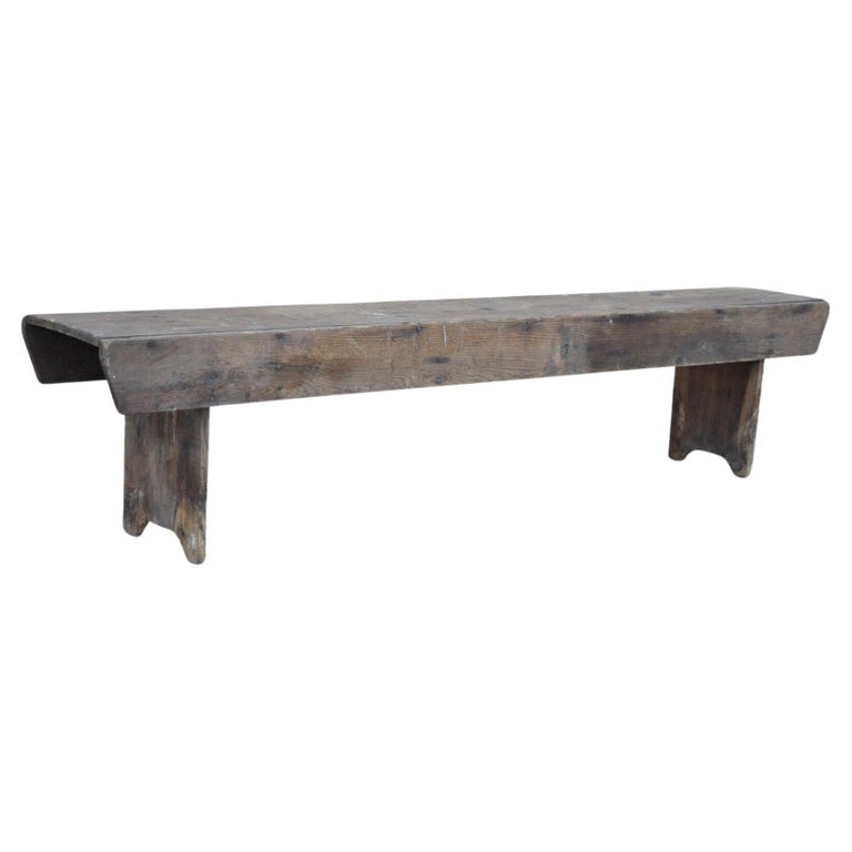 Antique French Country Primitive Distressed Wood Plank Bench For Sale