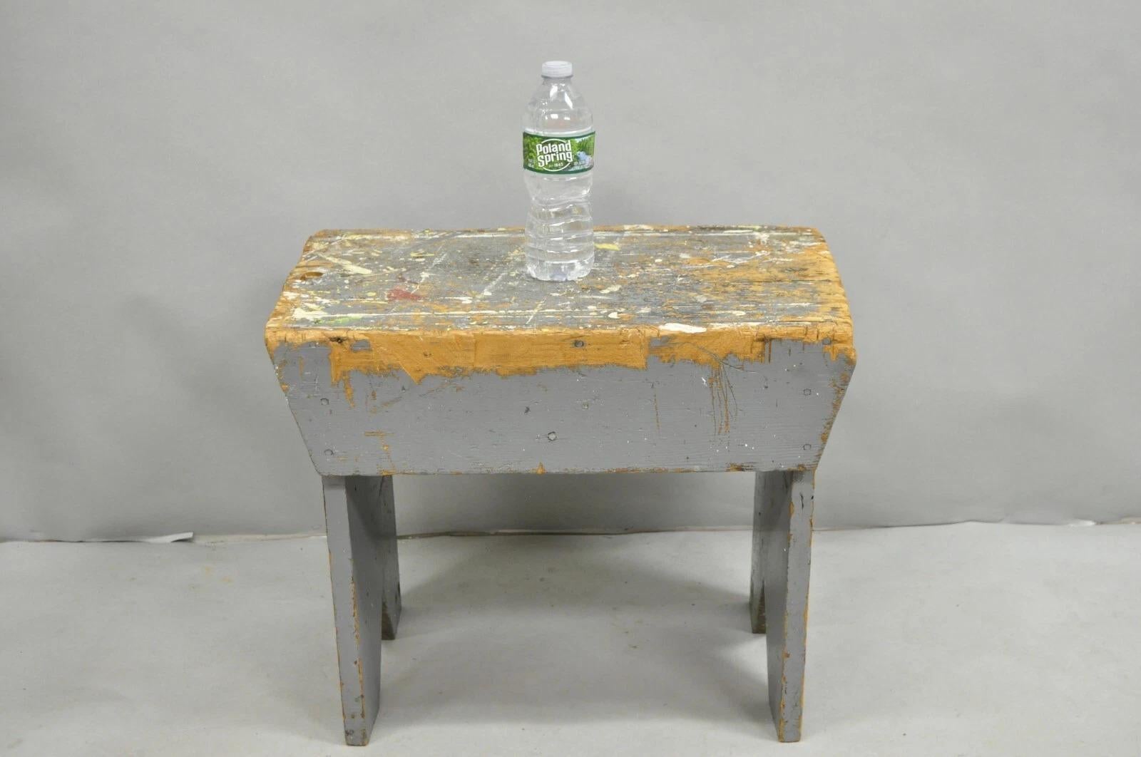 Antique French Country Primitive Gray Painted Paint Splattered Work Bench Stool For Sale 3