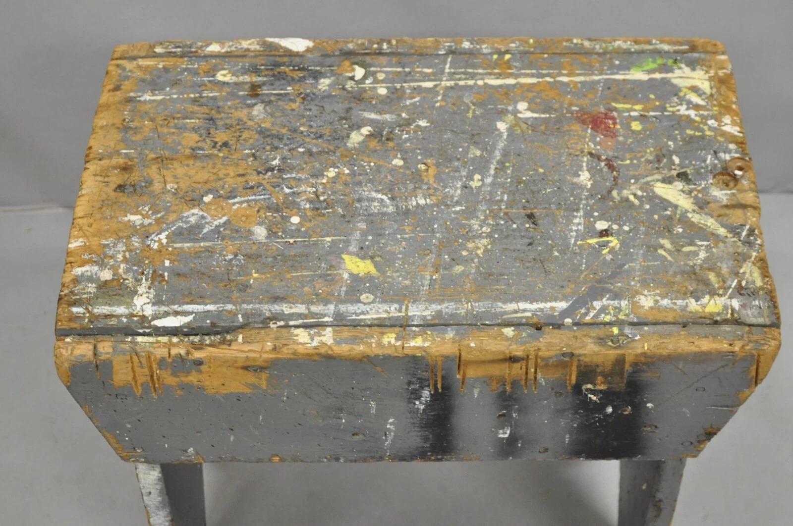Other Antique French Country Primitive Gray Painted Paint Splattered Work Bench Stool For Sale
