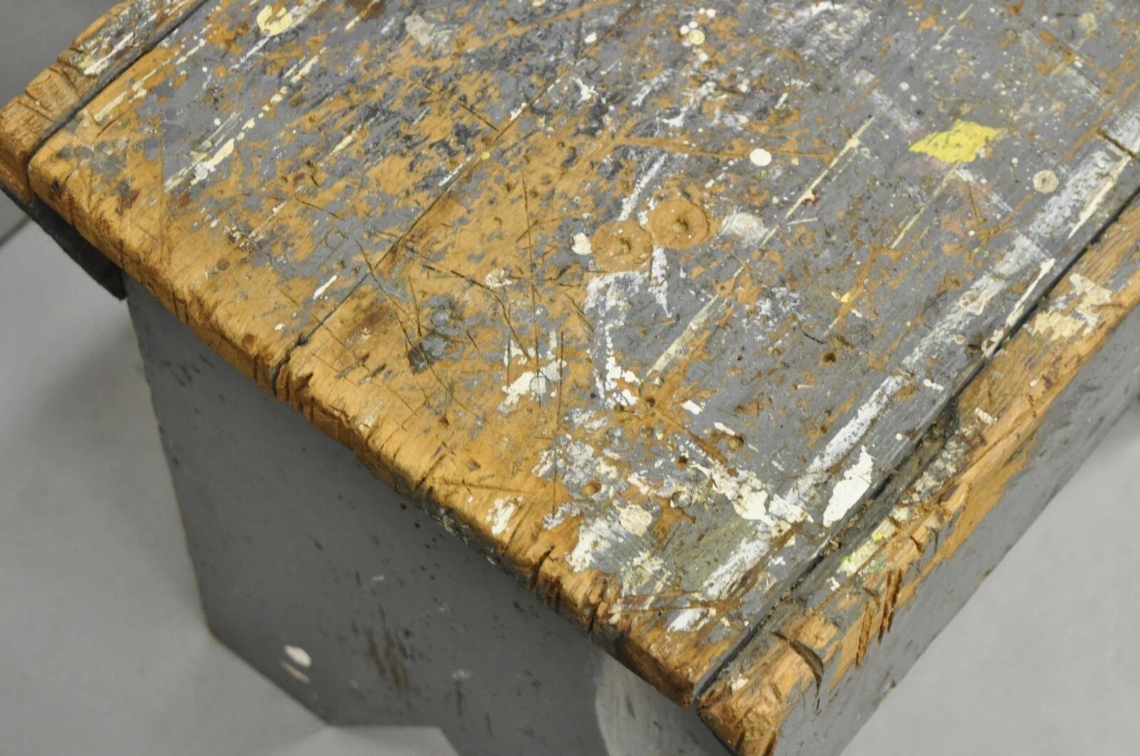 Unknown Antique French Country Primitive Gray Painted Paint Splattered Work Bench Stool For Sale