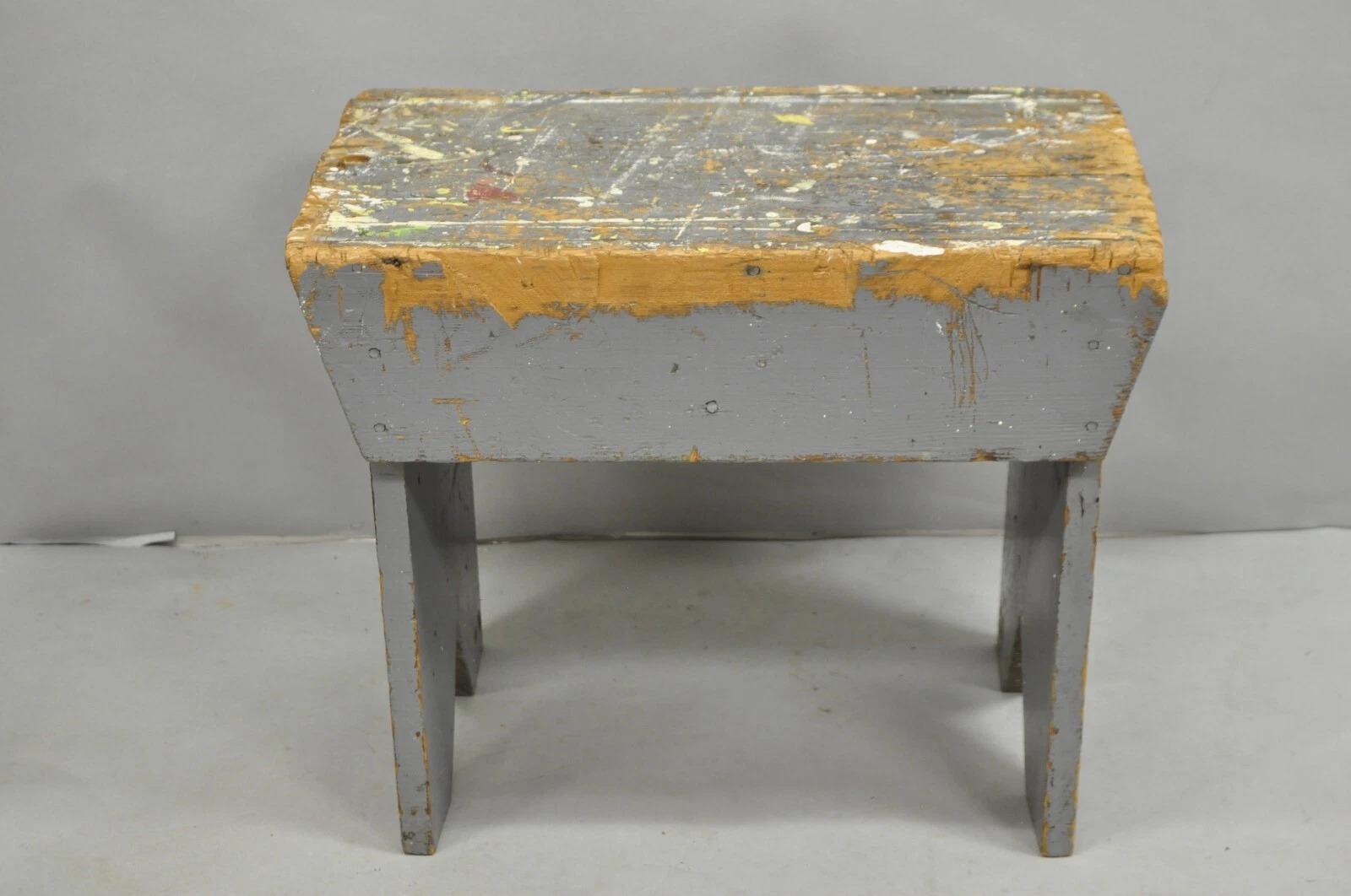 20th Century Antique French Country Primitive Gray Painted Paint Splattered Work Bench Stool For Sale
