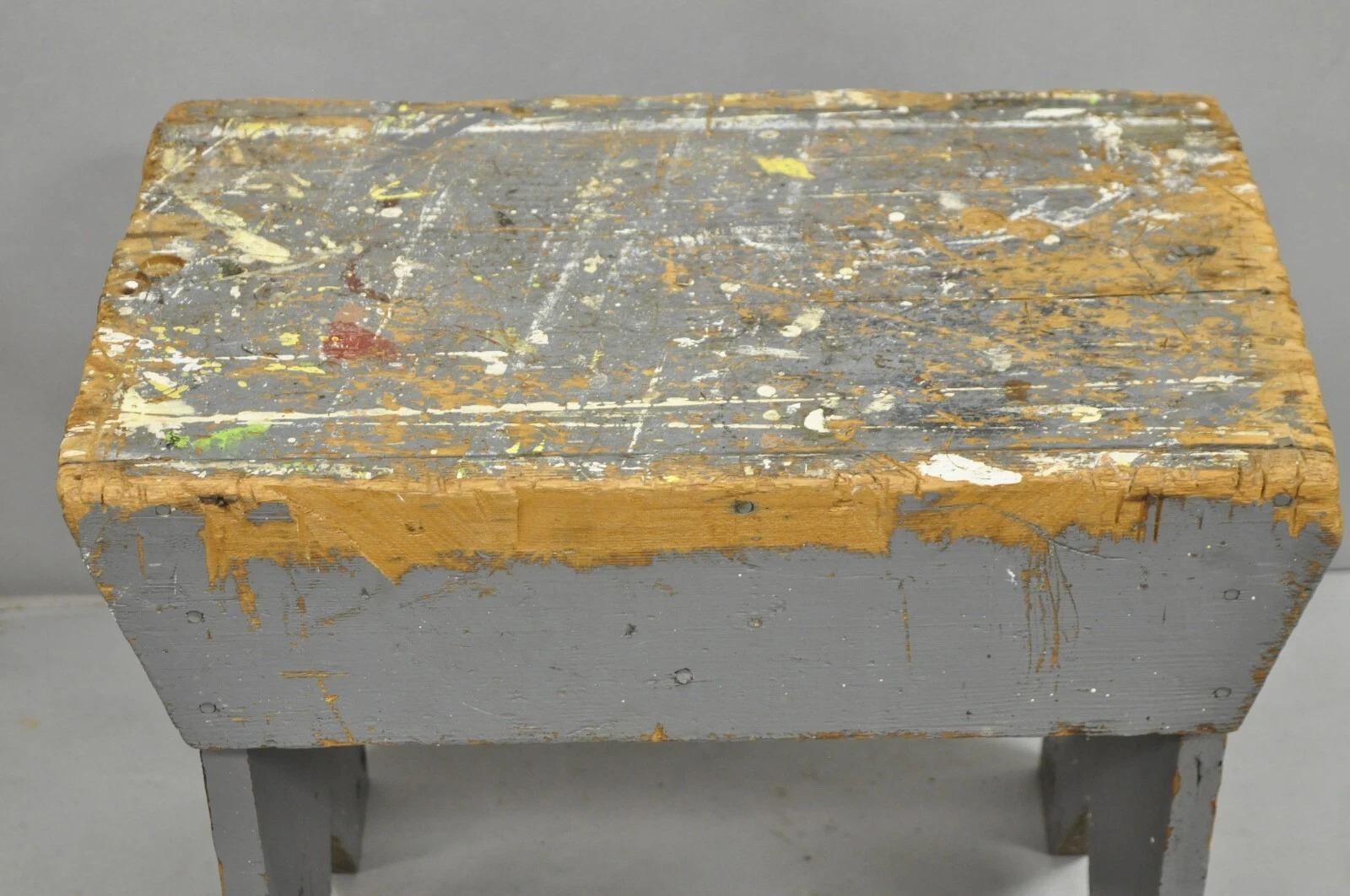 Wood Antique French Country Primitive Gray Painted Paint Splattered Work Bench Stool For Sale