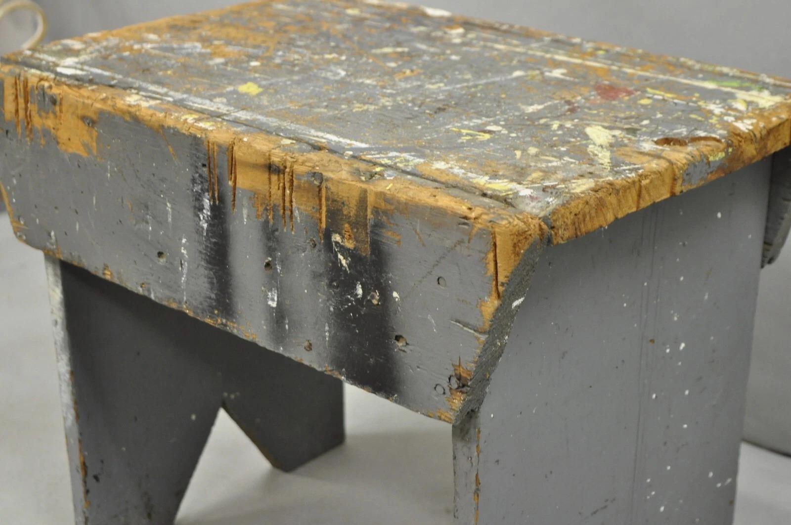 Antique French Country Primitive Gray Painted Paint Splattered Work Bench Stool For Sale 1