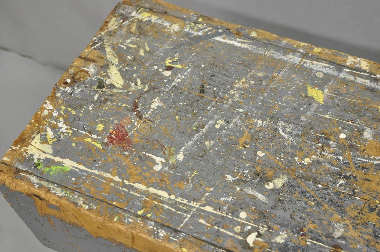 Antique French Country Primitive Gray Painted Paint Splattered Work Bench Stool For Sale 2