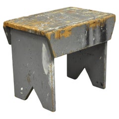 Antique French Country Primitive Gray Painted Paint Splattered Work Bench Stool