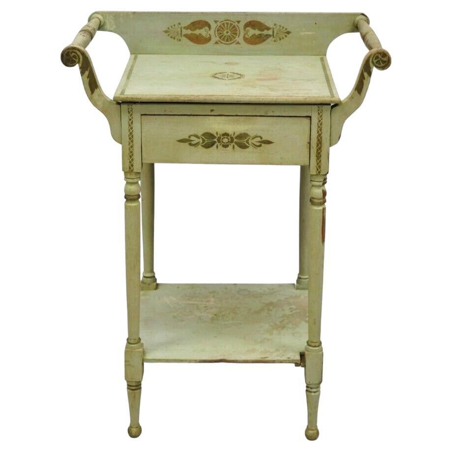 Antique French Country Primitive Green Painted Hitchcock Style Washstand Commode