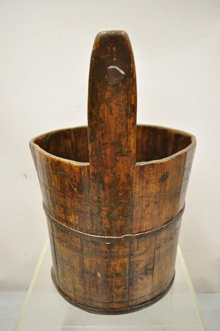 Antique French Country Primitive Large Wooden Water Well Bucket Pail with Handle For Sale 7