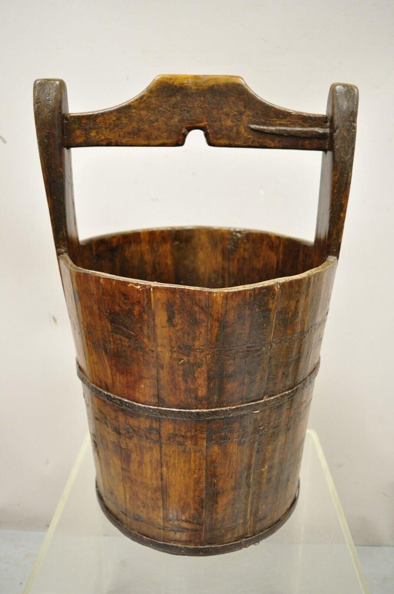 Antique French Country Primitive Large Wooden Water Well Bucket Pail with Handle For Sale 8