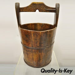 Antique French Country Primitive Large Wooden Water Well Bucket Pail with Handle