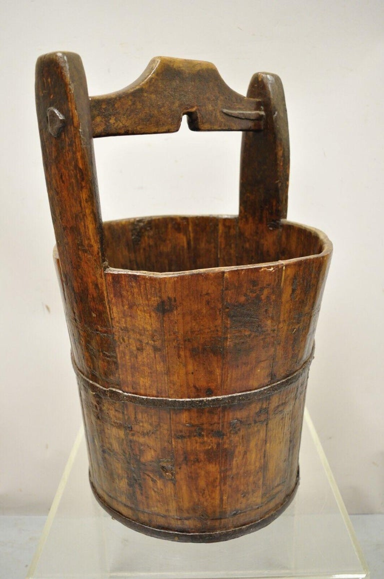 20th Century Antique French Country Primitive Large Wooden Water Well Bucket Pail with Handle For Sale