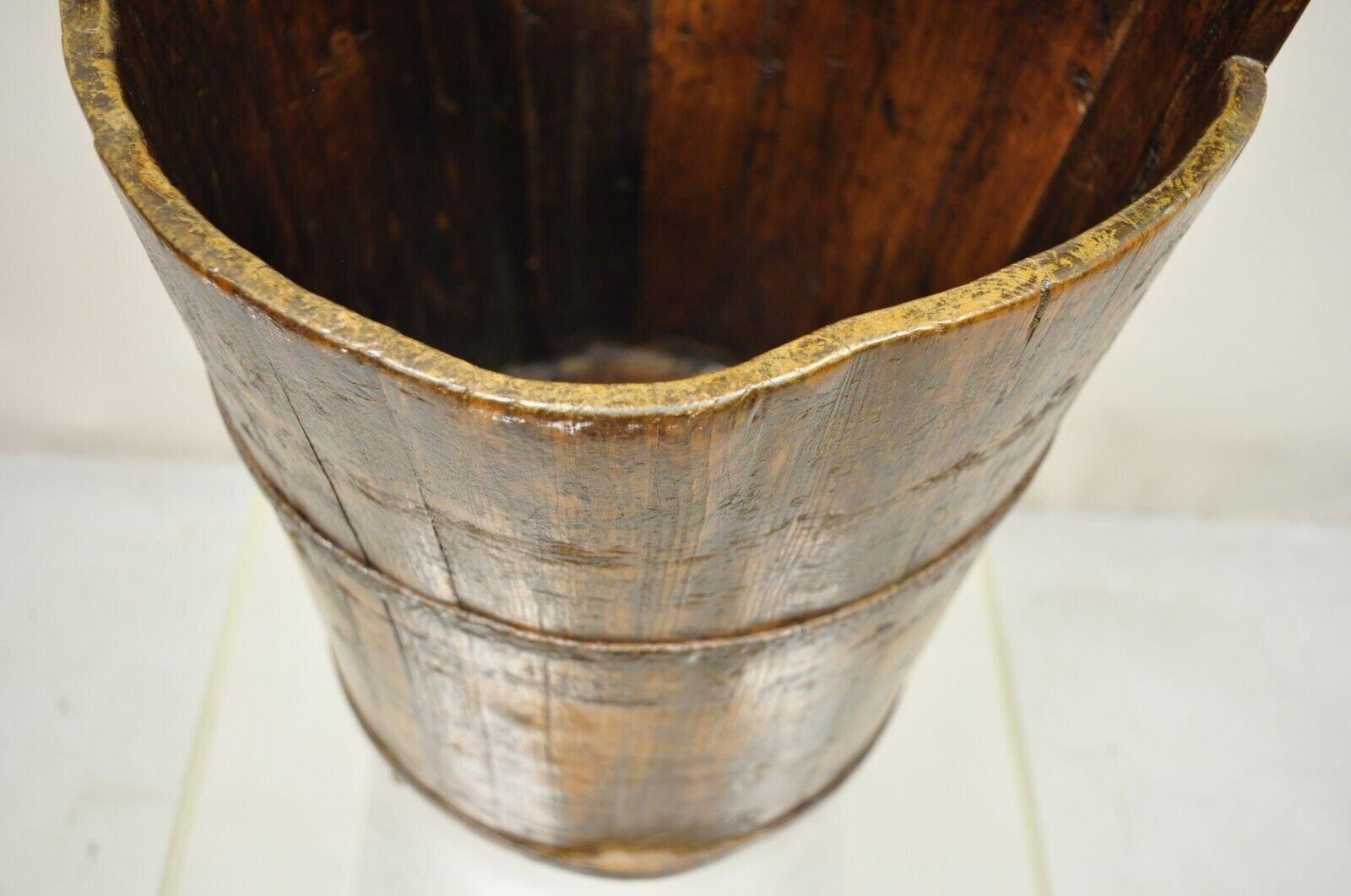 Antique French Country Primitive Large Wooden Water Well Bucket Pail with Handle 2