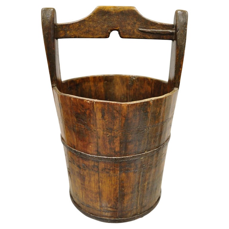 Antique French Country Primitive Large Wooden Water Well Bucket Pail with Handle For Sale