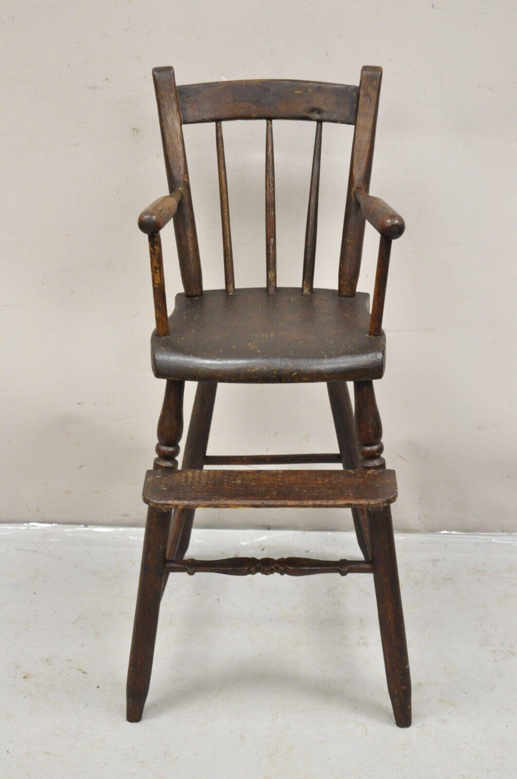 Antique French Country Primitive Provincial Oak Wood Small Child's High Chair. Circa 19th Century. Measurements: 34