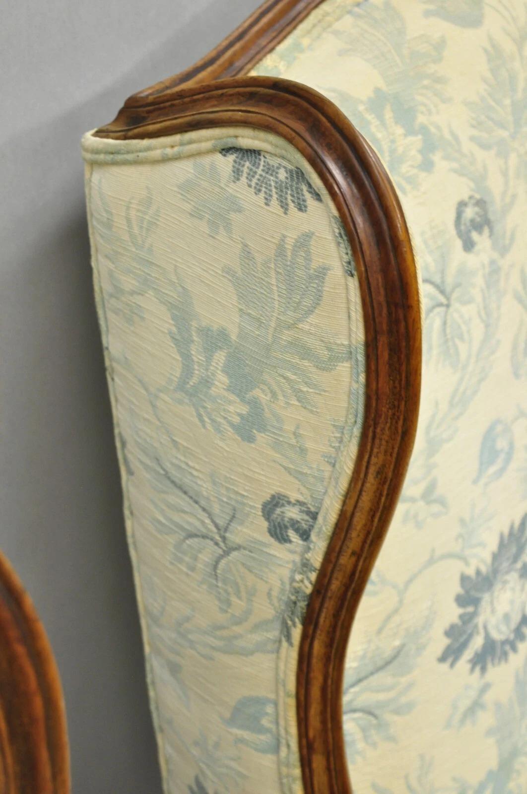 Antique French Country Provincial Walnut Carved Wingback Lounge Chairs Pair en vente 7