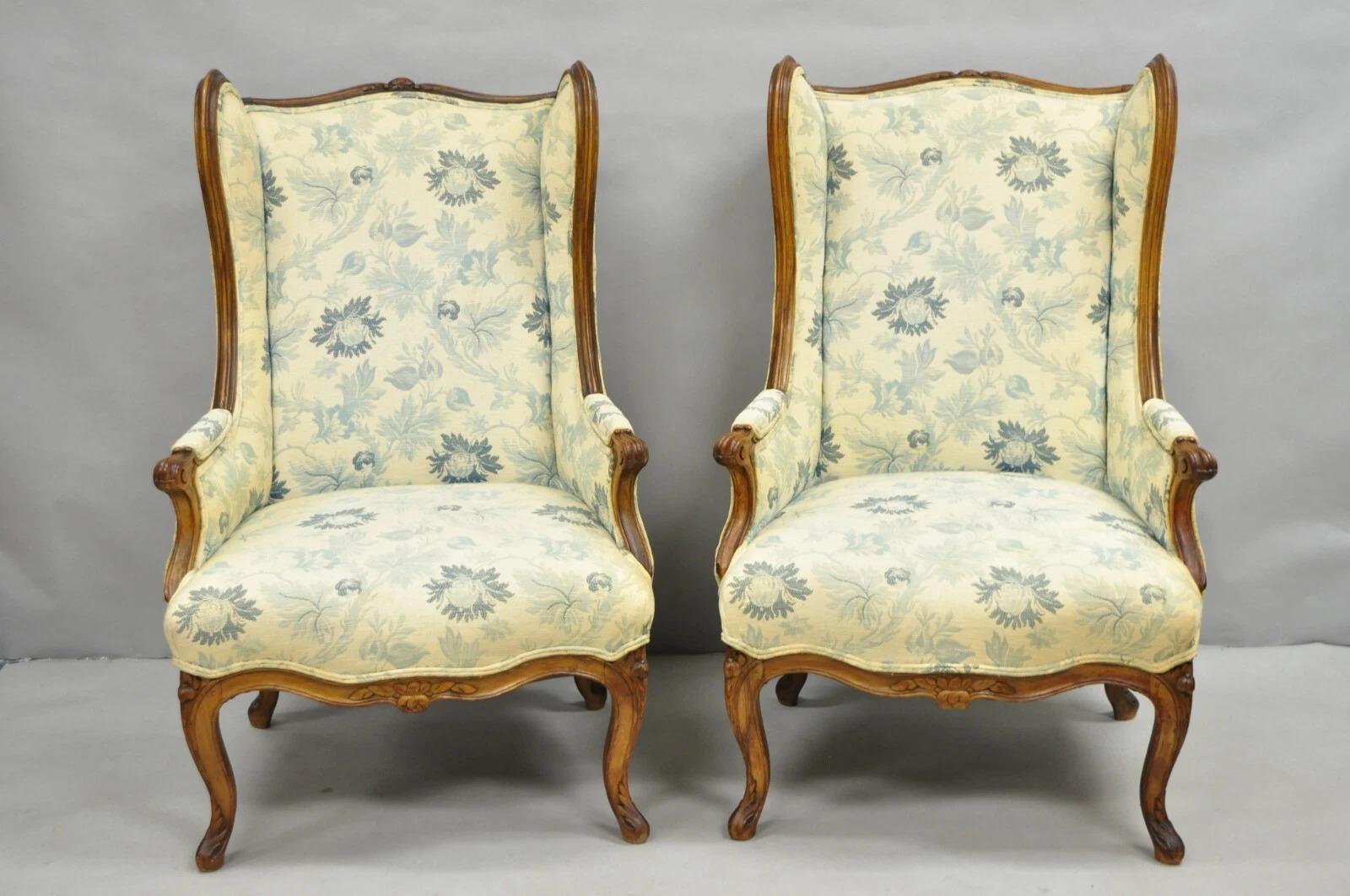 Autre Antique French Country Provincial Walnut Carved Wingback Lounge Chairs Pair en vente