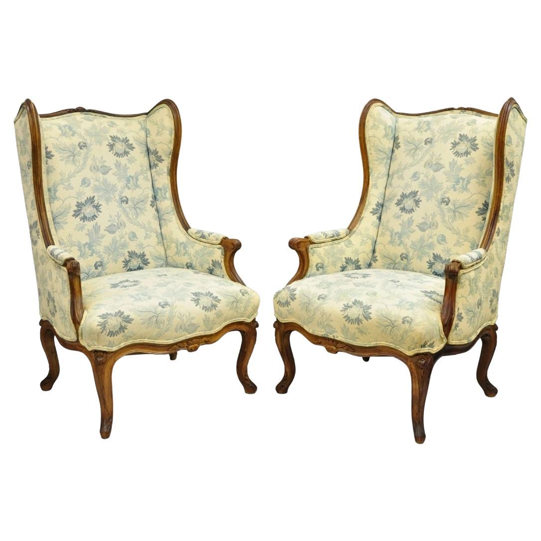 Antique French Country Provincial Carved Walnut Wingback Lounge Chairs Pair