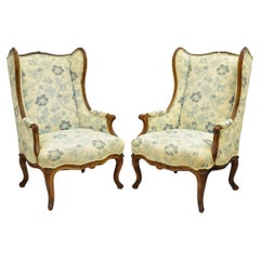 Antique French Country Provincial Carved Walnut Wingback Lounge Chairs Pair