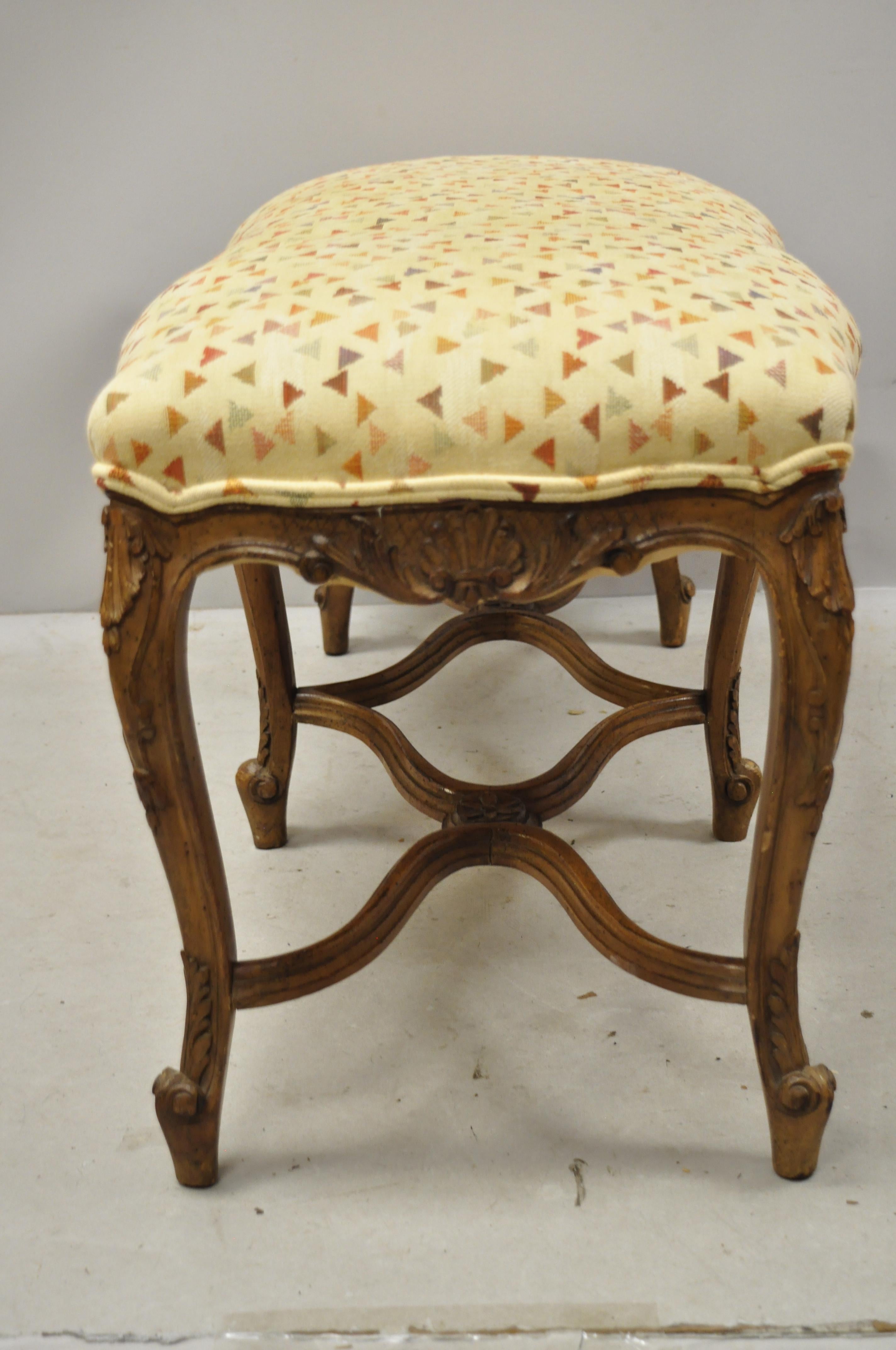 Walnut Antique French Country Provincial Louis XV Style 6 Leg Upholstered Window Bench