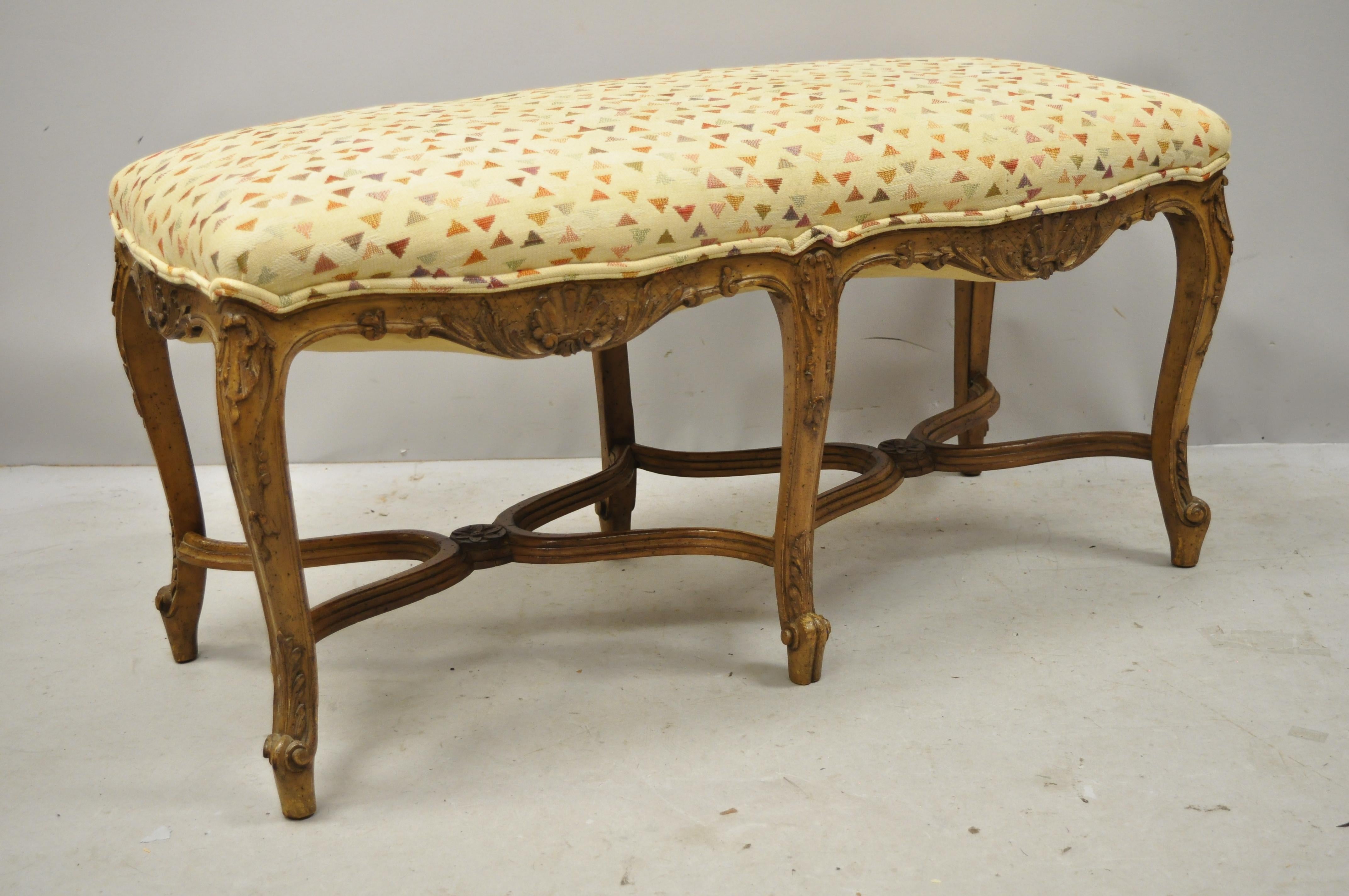 Antique French Country Provincial Louis XV Style 6 Leg Upholstered Window Bench 1