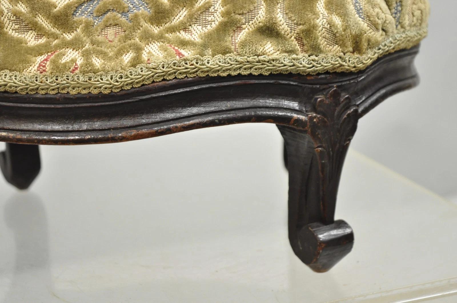 20th Century Antique French Country Provincial Oval Carved Walnut Petite Footstool Ottoman For Sale