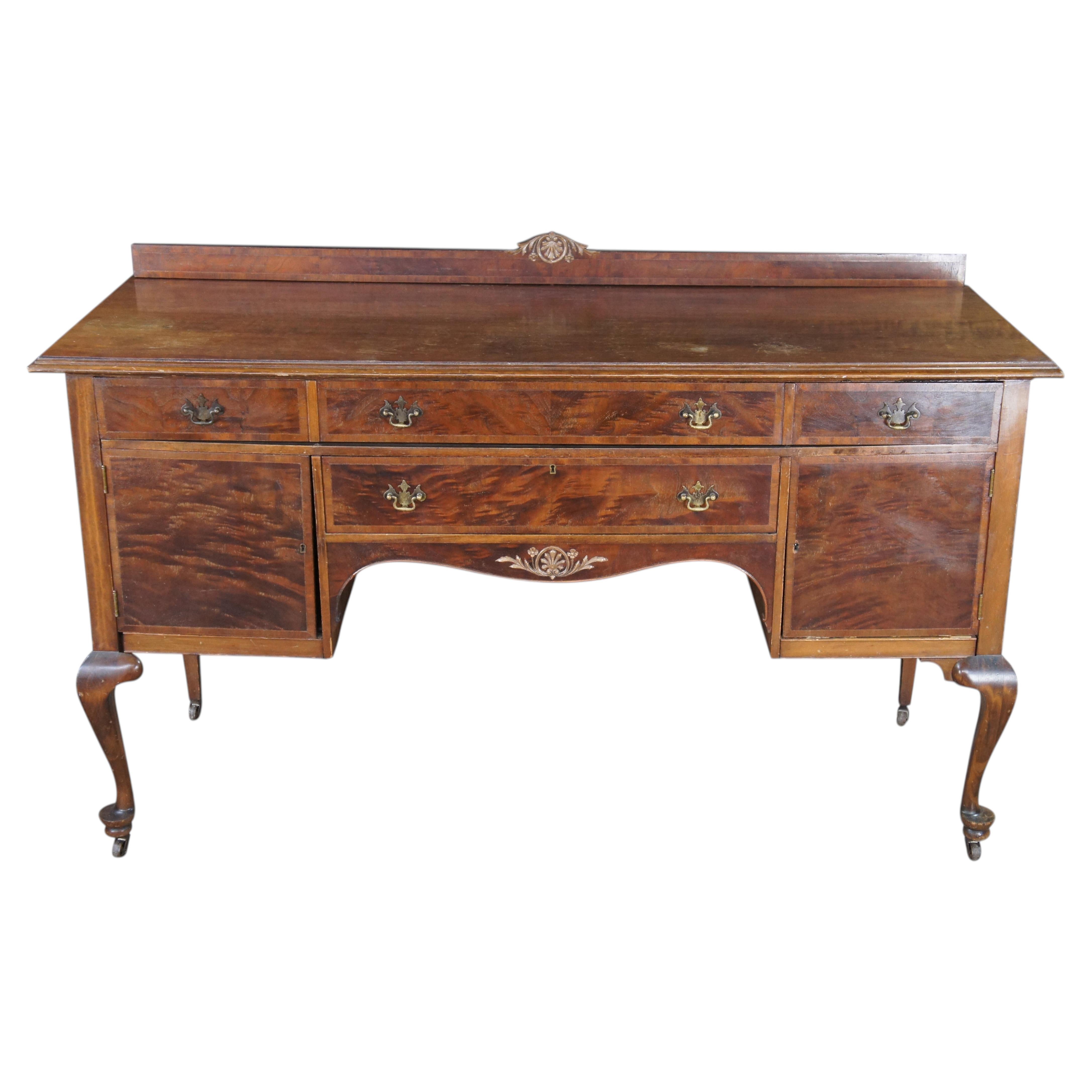 Antique French Country Queen Anne Style Mahogany Burl Buffet Sideboard Server For Sale