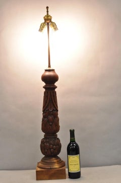 Antique French Country Reclaimed Harvest Carved Oak Wood Baluster Table Lamp
