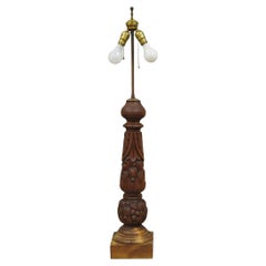 Antique French Country Reclaimed Harvest Carved Oak Wood Baluster Table Lamp