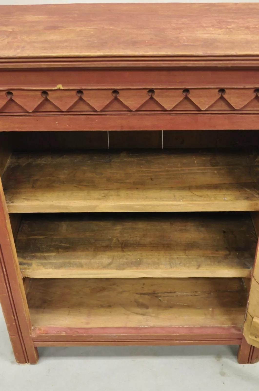 Antique French Country Red Distress Painted One Door Wooden Cupboard Cabinet For Sale 5