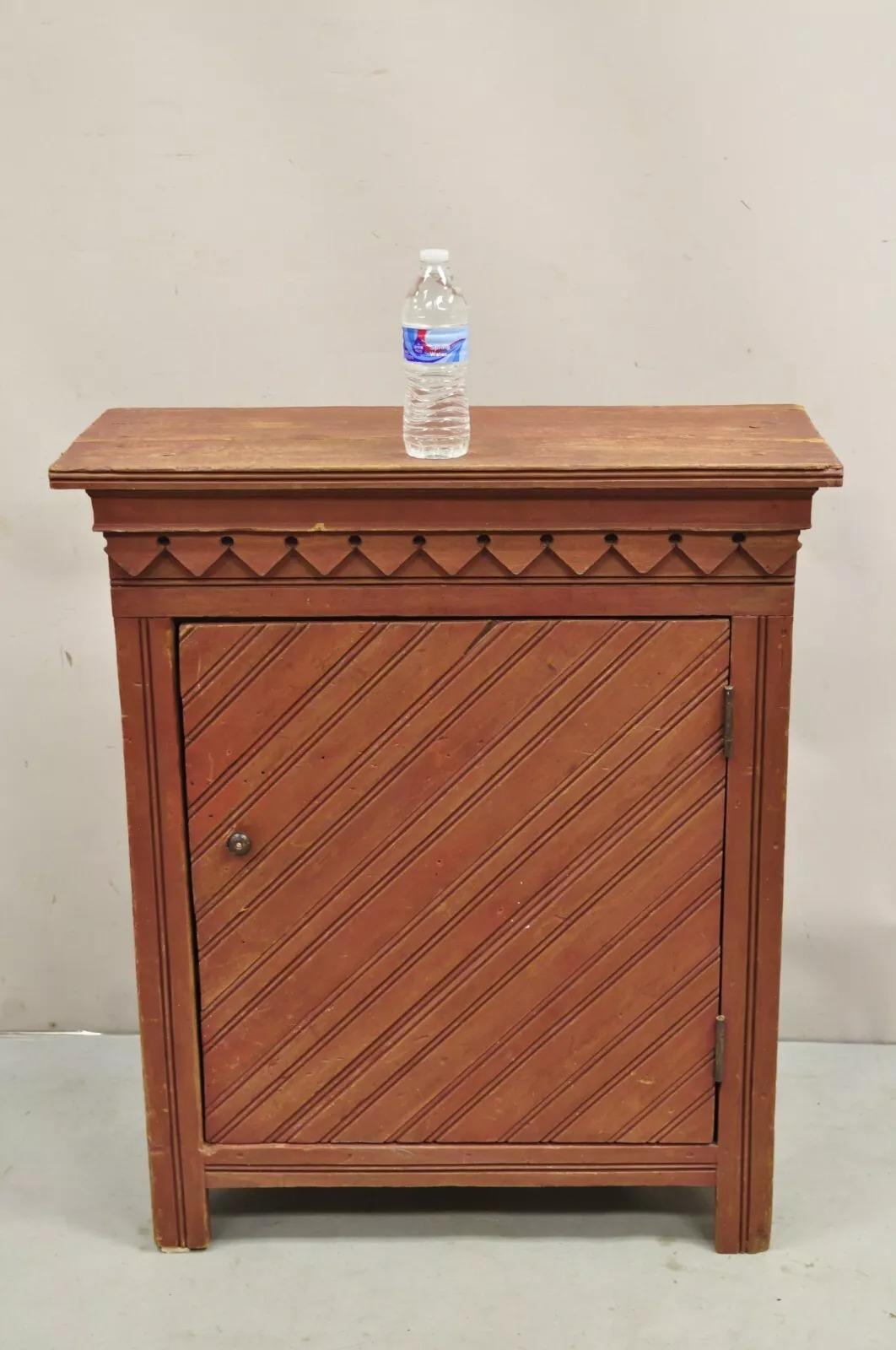 Antique French Country Red Distress Painted One Door Wooden Cupboard Cabinet. Circa 19th Century. Measurements: 35