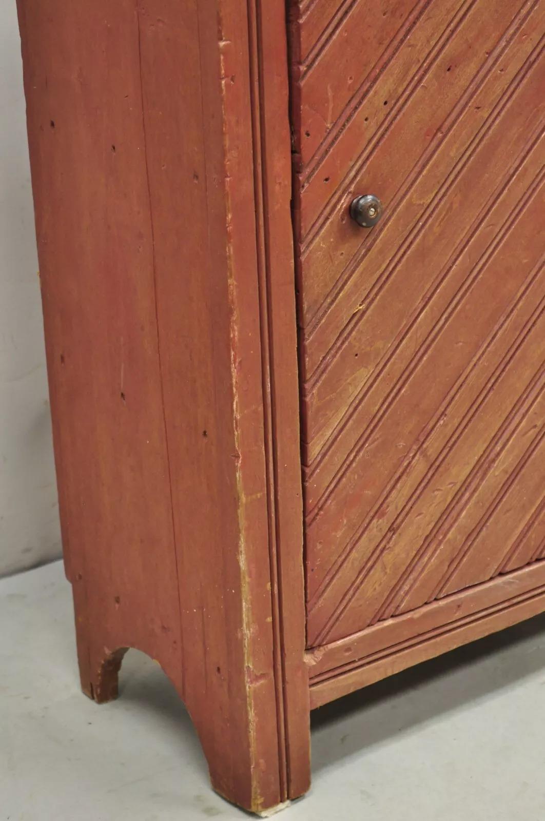 Antique French Country Red Distress Painted One Door Wooden Cupboard Cabinet In Good Condition For Sale In Philadelphia, PA
