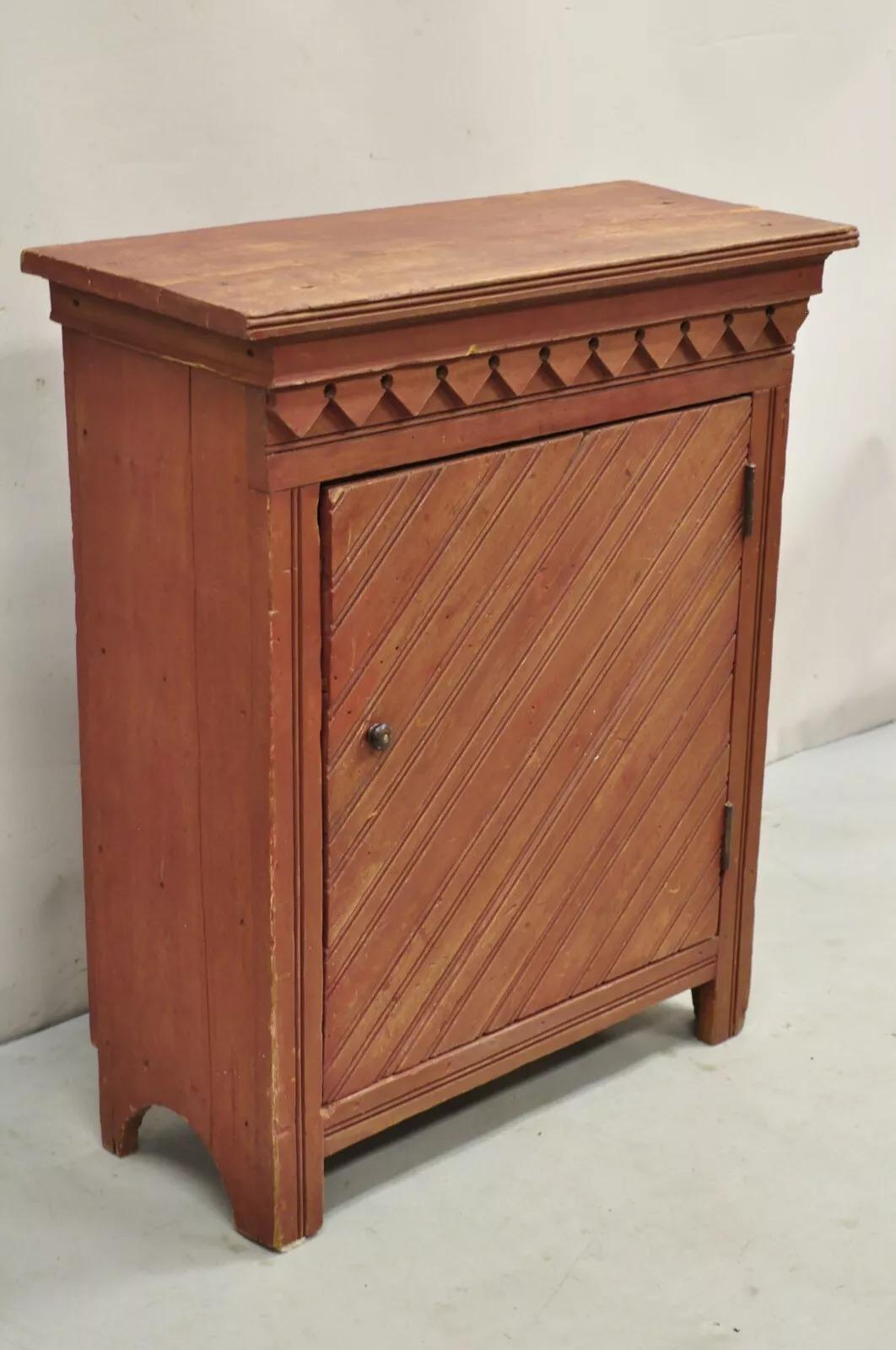 Antique French Country Red Distress Painted One Door Wooden Cupboard Cabinet For Sale 2