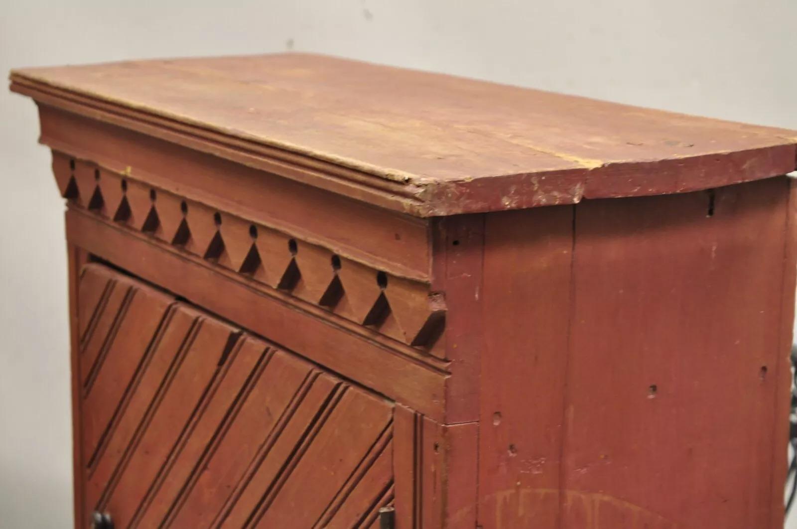 Antique French Country Red Distress Painted One Door Wooden Cupboard Cabinet For Sale 3