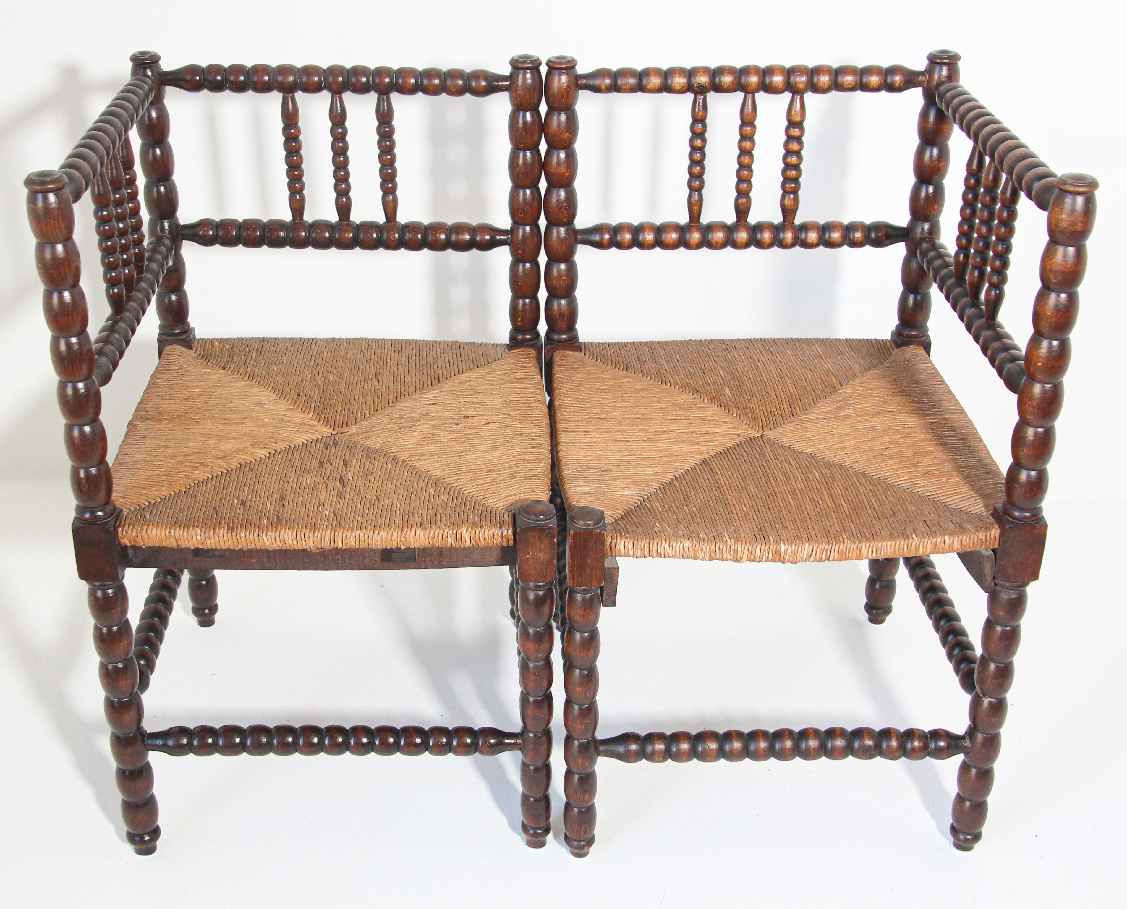 Hand-Carved Antique French Country Rush Seat Corner Chairs