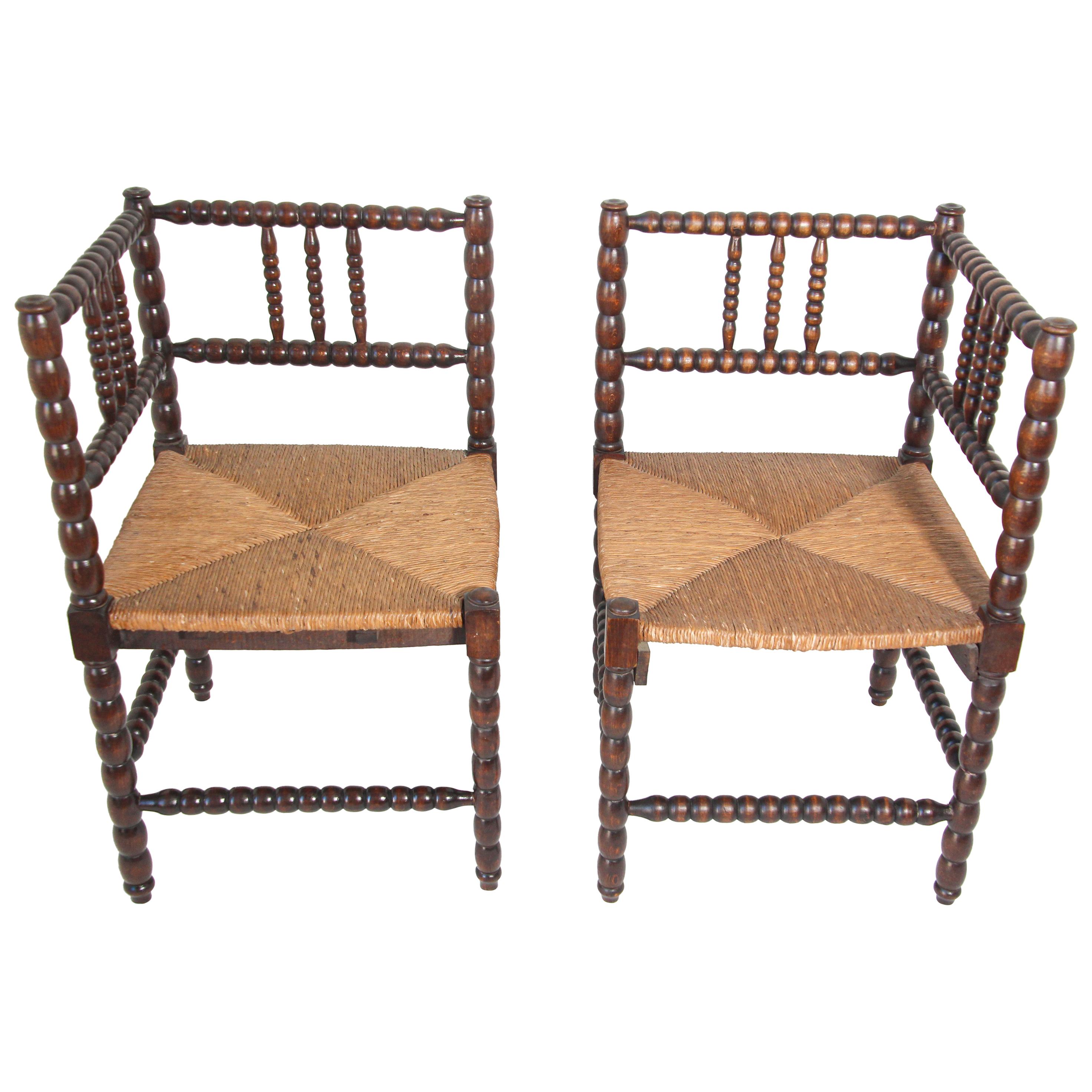 Antique French Country Rush Seat Corner Chairs