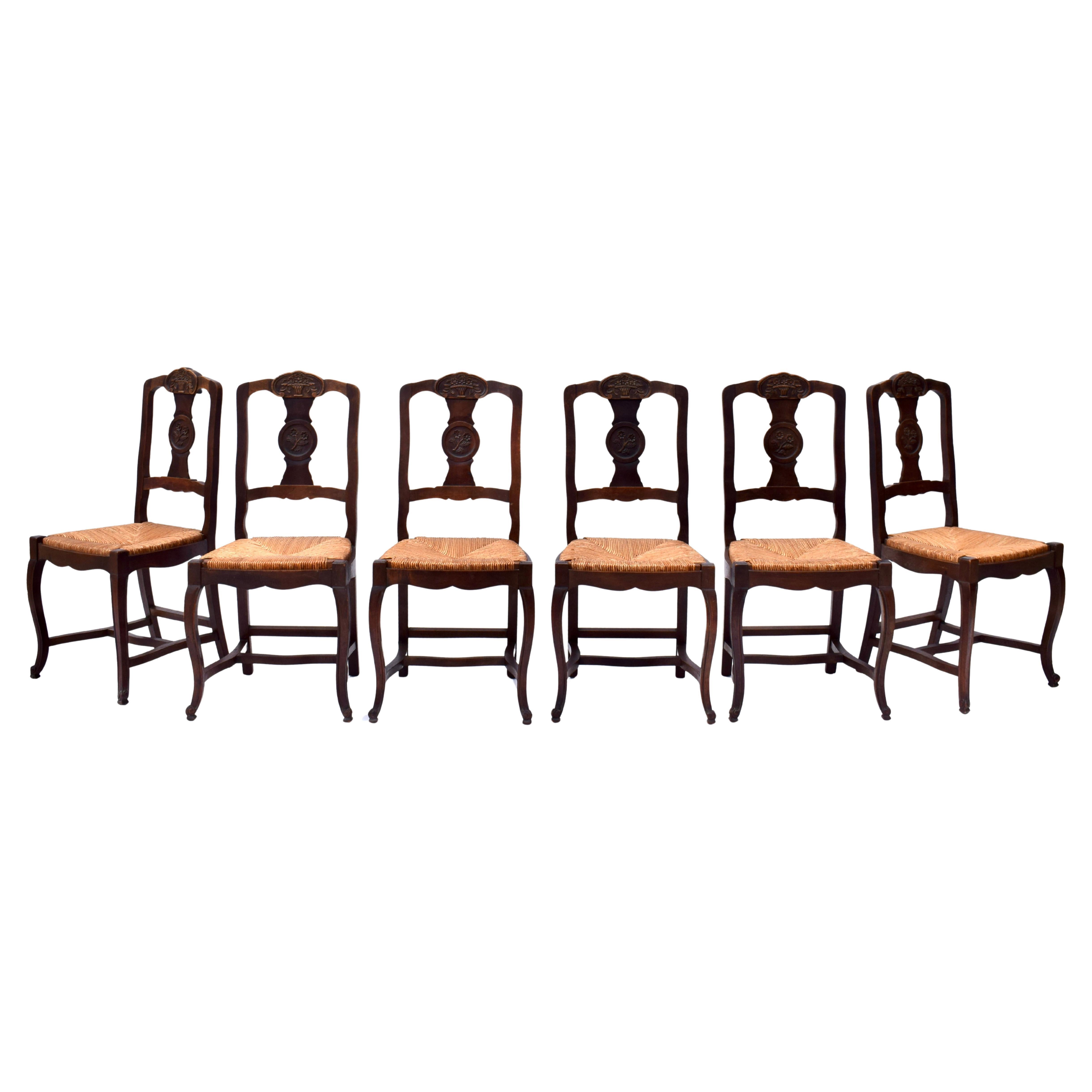Antique French Country Sedie da pranzo con sedile in giunco