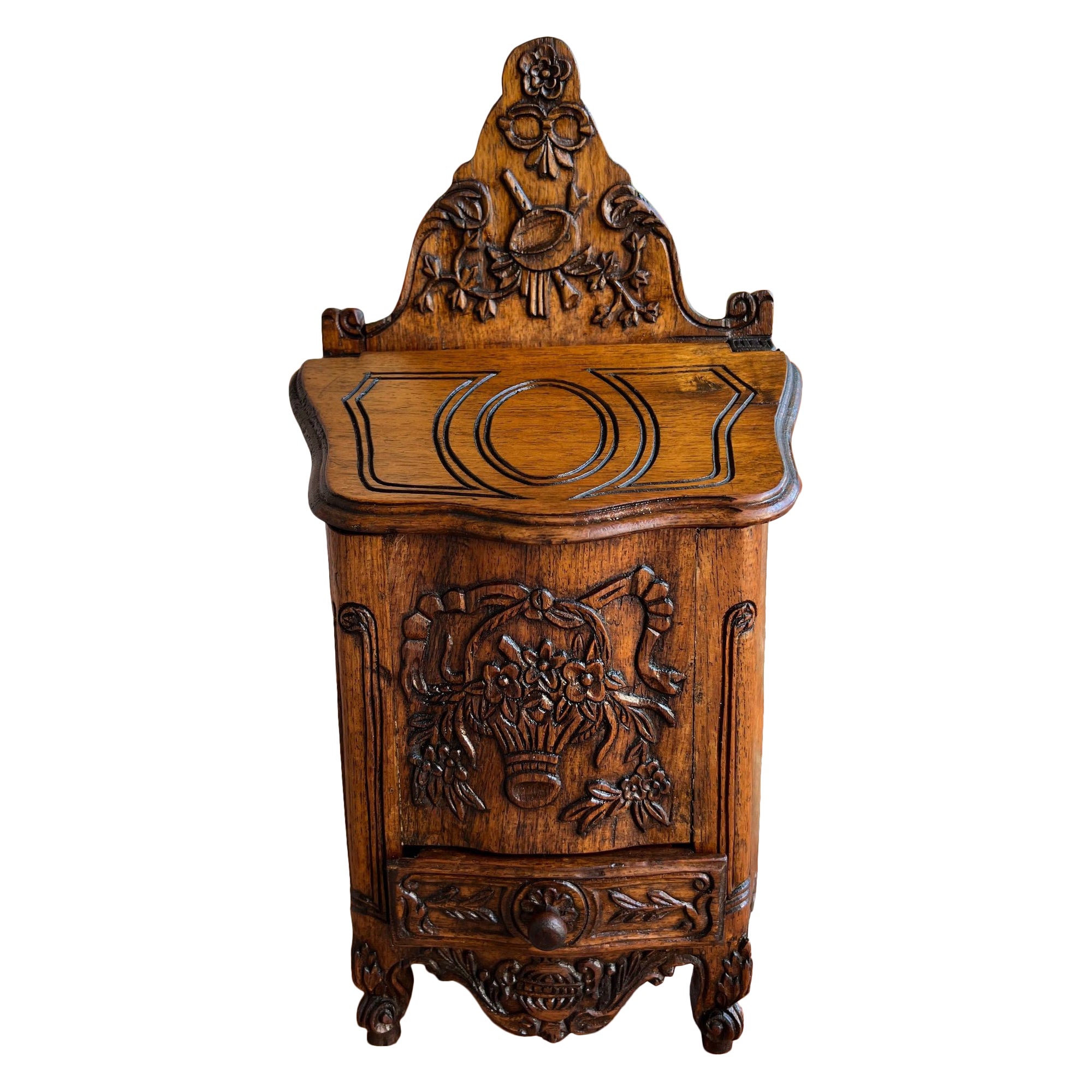 Antique French Country Salt Box Spice Cabinet Louis XV Carved Oak c1890