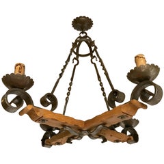 Antique French Country Style Wrought Iron & Oak Chandelier Work of Lighting Art