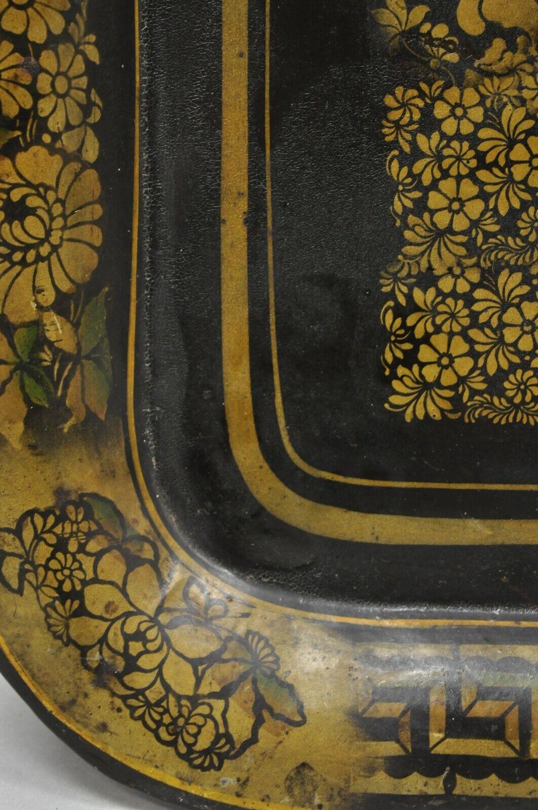 Antikes französisches Plattentablett aus Metall in Schwarz und Gold mit Garten-Szene-Motiv im Angebot 5
