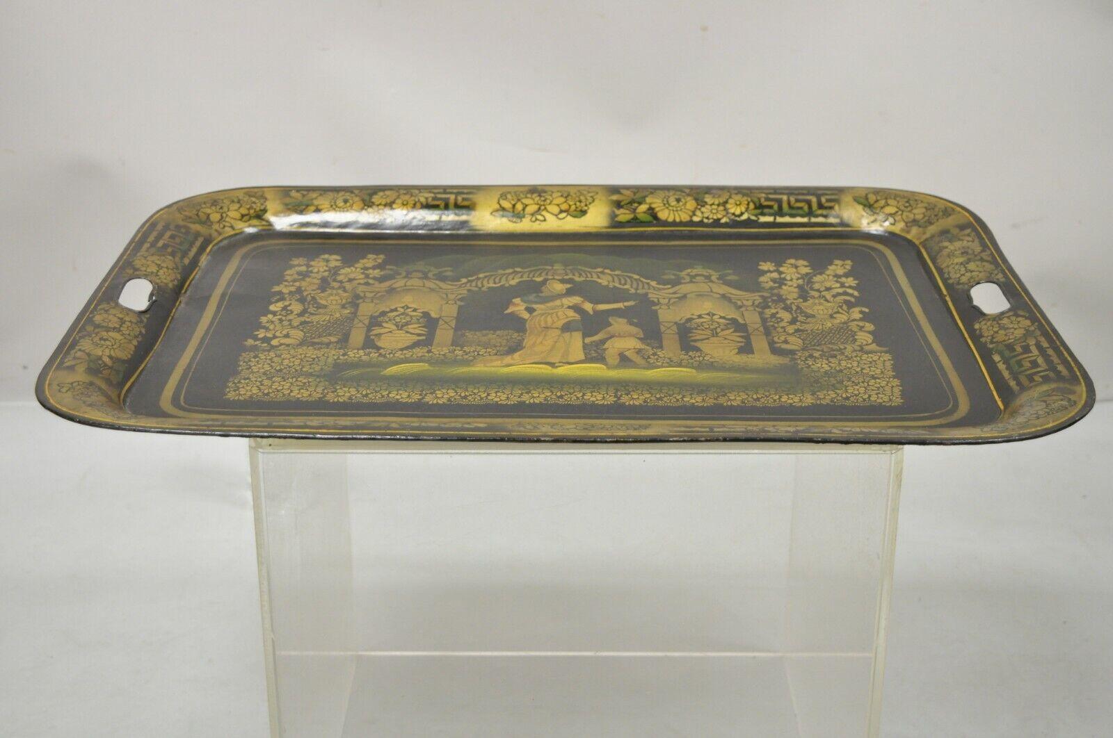 Antique French Country Tole Metal Black Gold Garden Scene Platter Tray For Sale 8