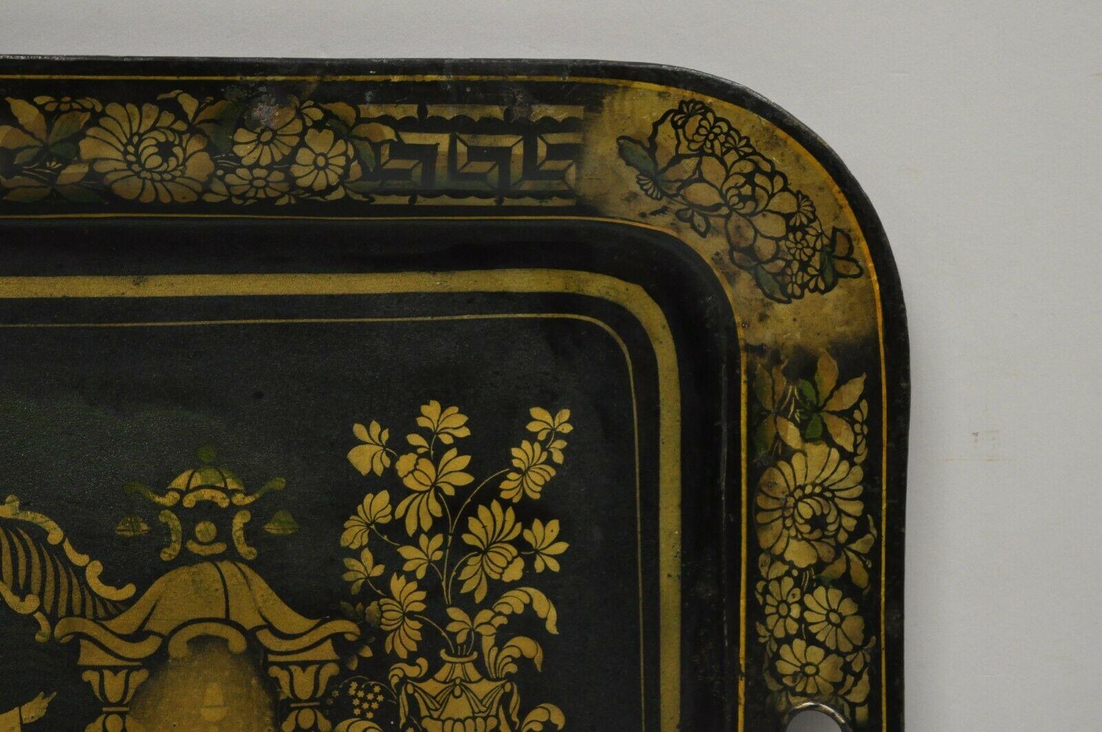20th Century Antique French Country Tole Metal Black Gold Garden Scene Platter Tray For Sale