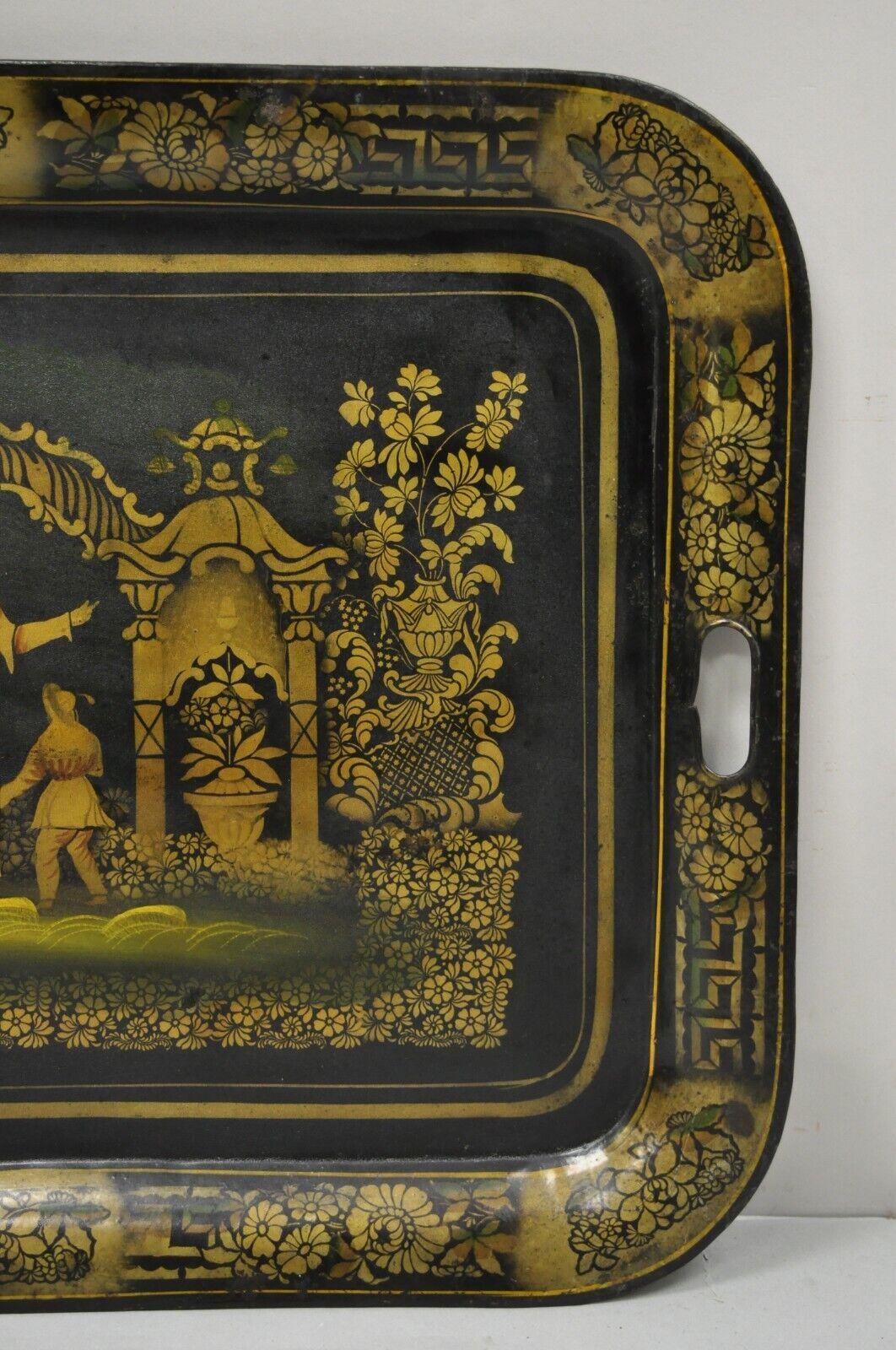 Antique French Country Tole Metal Black Gold Garden Scene Platter Tray For Sale 1