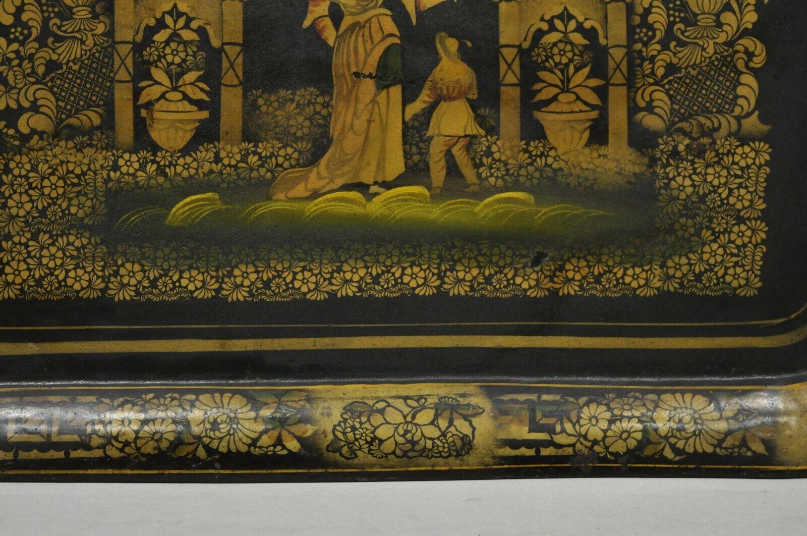 Antikes französisches Plattentablett aus Metall in Schwarz und Gold mit Garten-Szene-Motiv (20. Jahrhundert) im Angebot