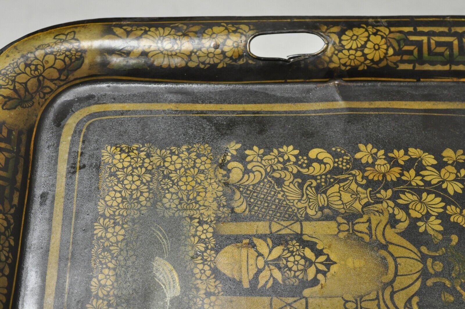 Antique French Country Tole Metal Black Gold Garden Scene Platter Tray For Sale 4