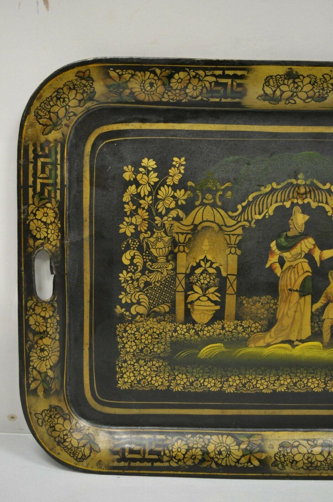 Antique French Country Tole Metal Black Gold Garden Scene Platter Tray For Sale 5