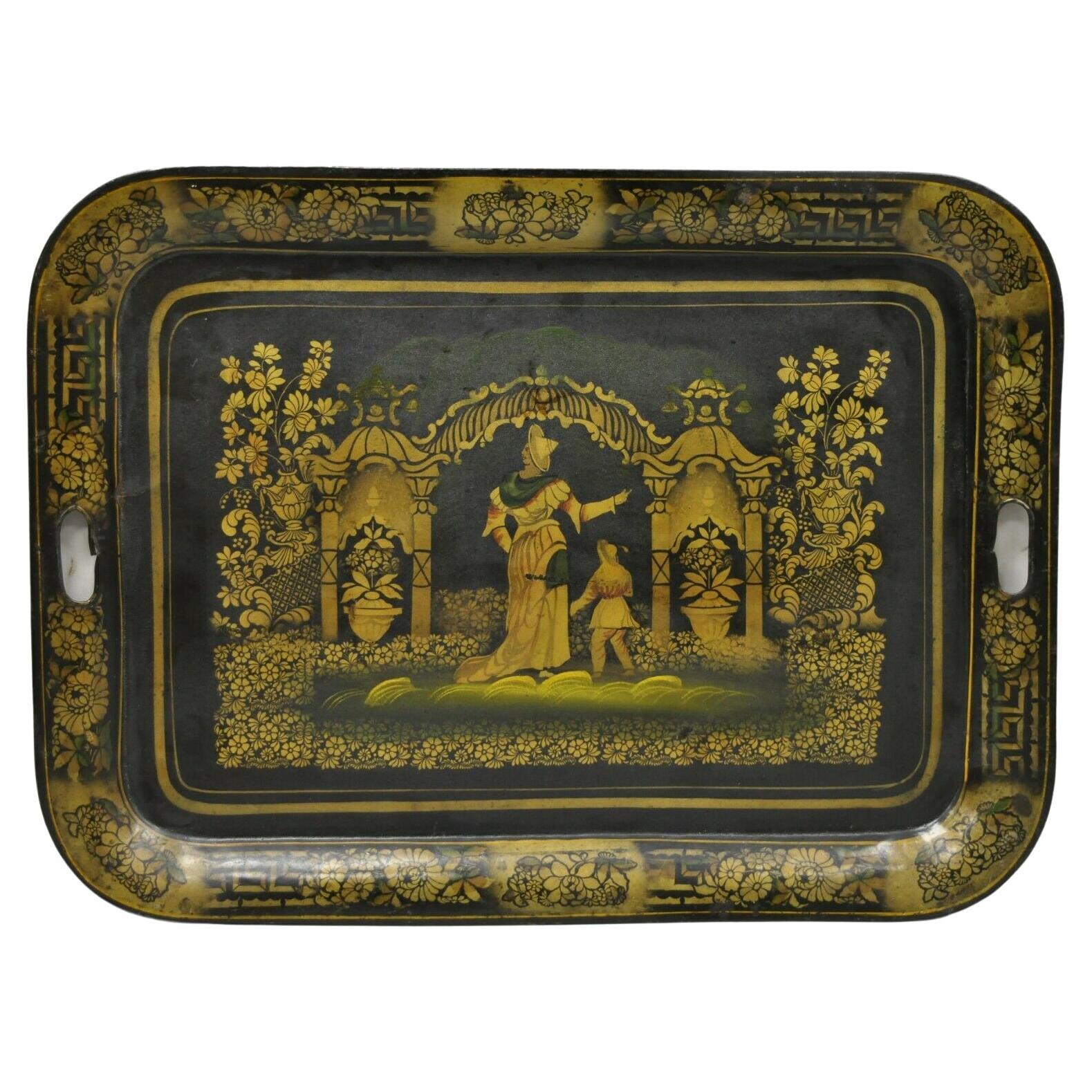 Antique French Country Tole Metal Black Gold Garden Scene Platter Tray in vendita