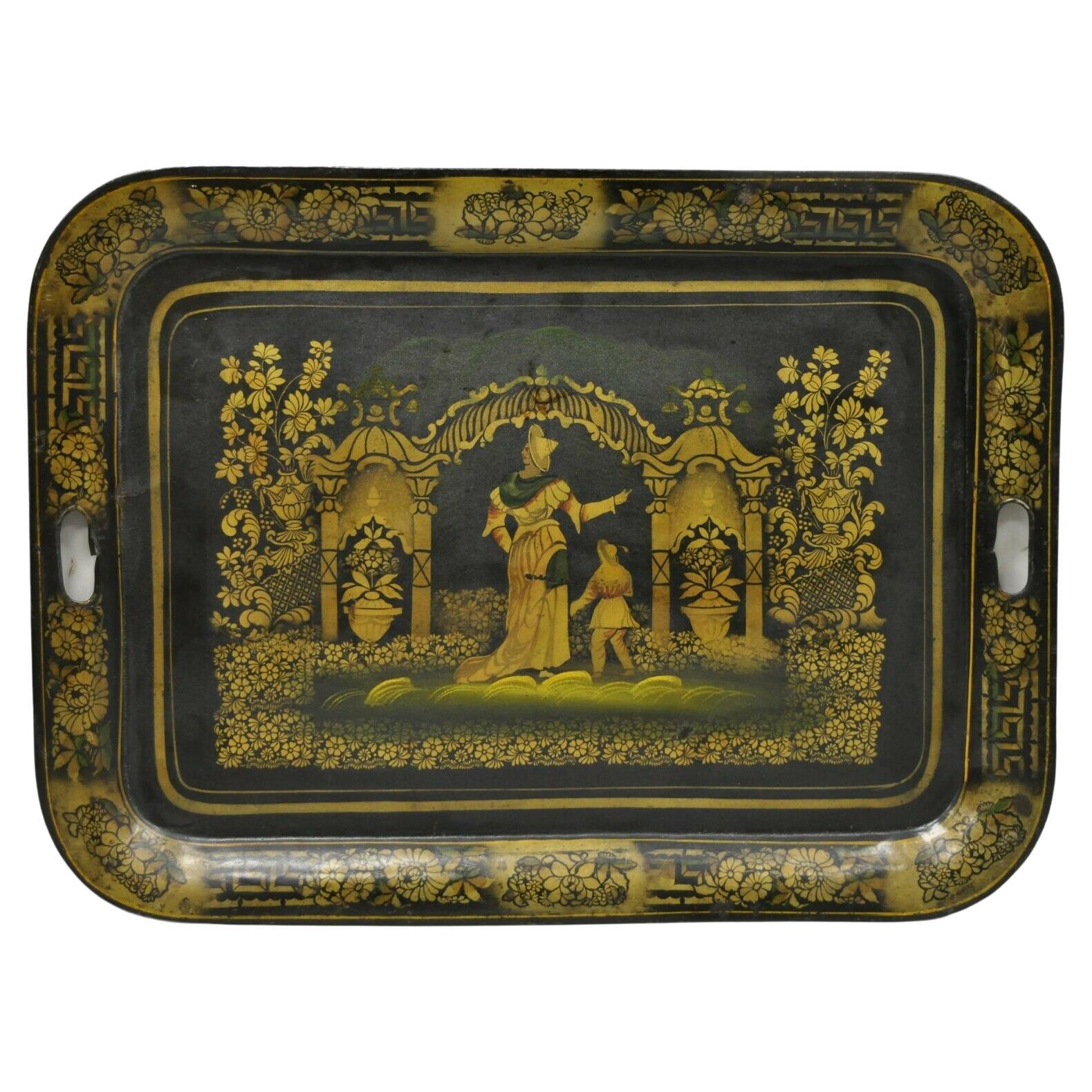 Antique French Country Tole Metal Black Gold Garden Scene Platter Tray For Sale